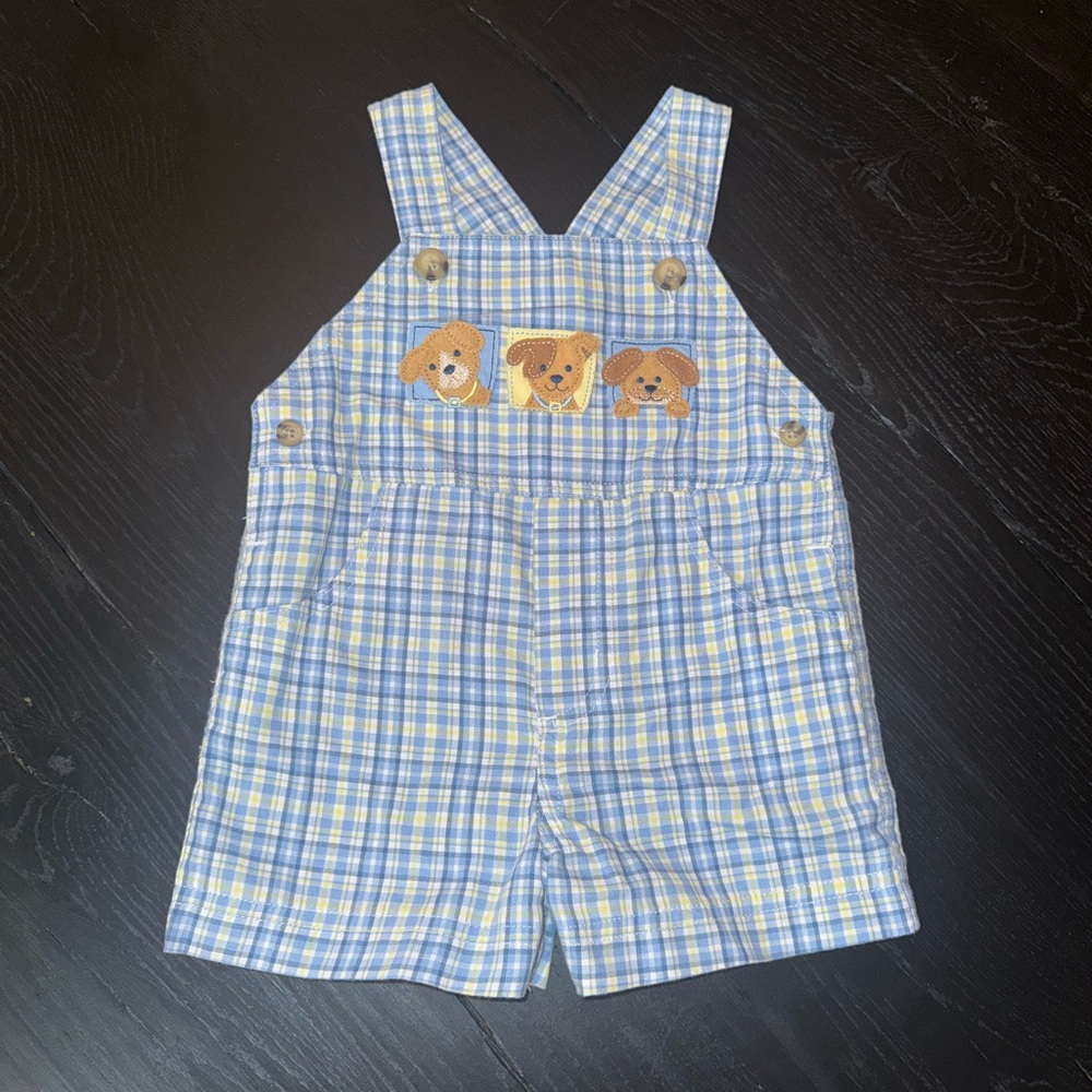 Blue and White Gingham Overalls with Embroidered Front